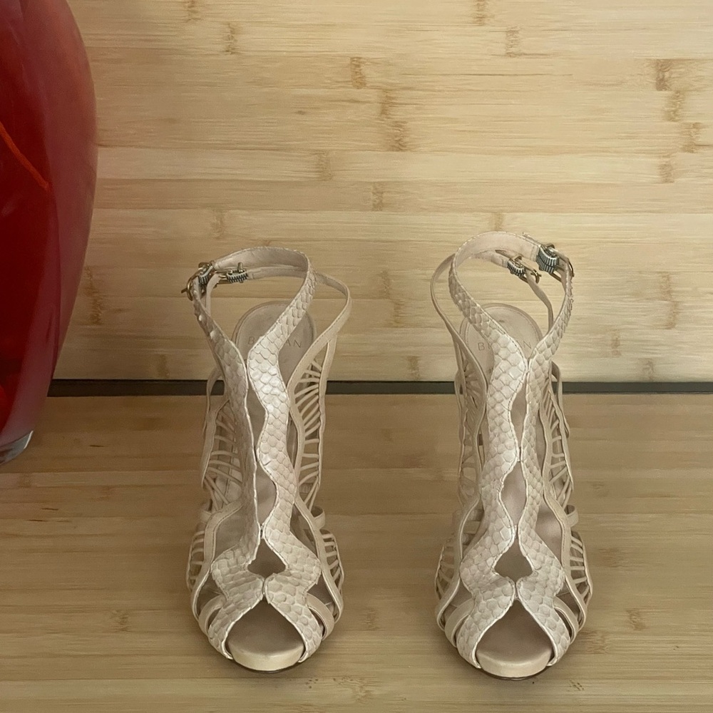 Alexandre Birman Caged heeled leather platform neutral sandals.